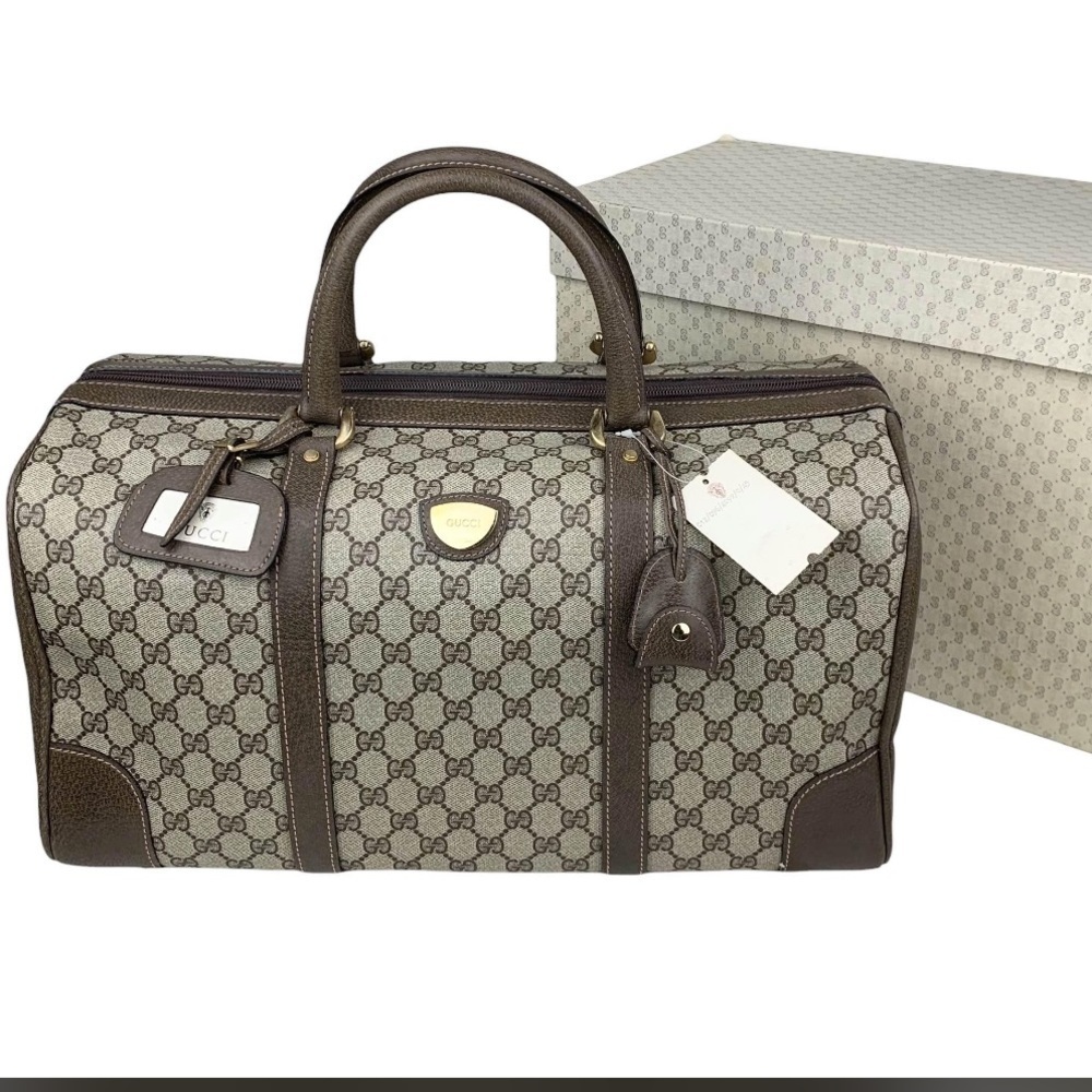 Vintage Gucci GG Supreme Boston Bag Travel Duffle Brown Monogram Leather Trim - Picture 2 of 15